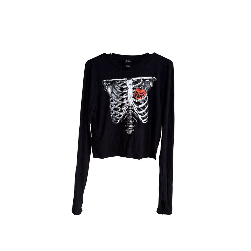 Social Collision Halloween Skeleton Ribcage Pumpkin Long Sleeve Crop Top Black L - Picture 2 of 7